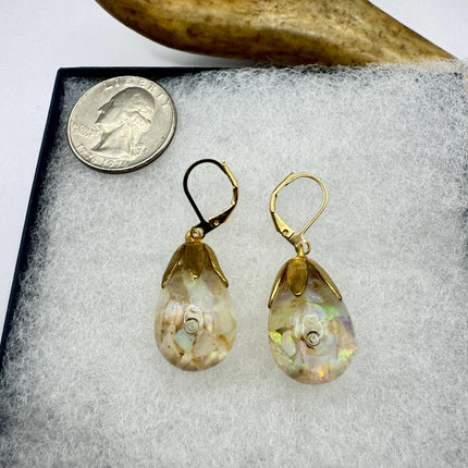Vintage Black Fire Floating Opal Earrings Gold 925 Sterling Silver Lever backs
