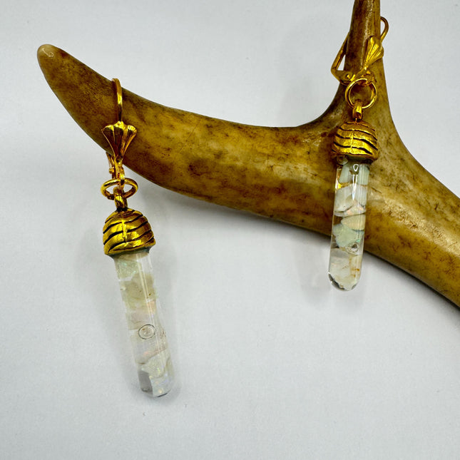 Vintage White Fire Floating Opal Earrings Gold Bronze Lever backs