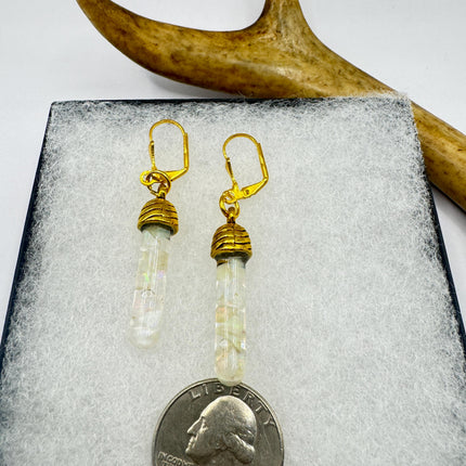 Vintage White Fire Floating Opal Earrings Gold Bronze Lever backs