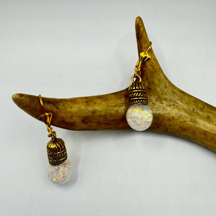 Vintage White Fire Floating Opal Earrings Gold Bronze Lever backs