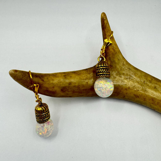 Vintage White Fire Floating Opal Earrings Gold Bronze Lever backs
