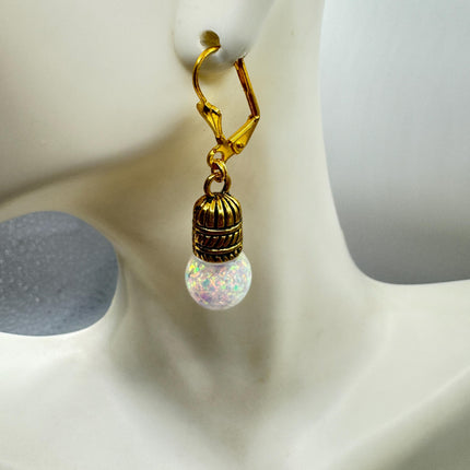 Vintage White Fire Floating Opal Earrings Gold Bronze Lever backs
