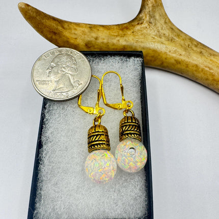 Vintage White Fire Floating Opal Earrings Gold Bronze Lever backs