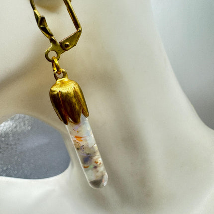 Vintage White Fire Floating Opal Earrings Gold Bronze Lever backs