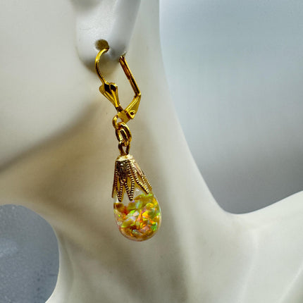 Vintage Golden Fire Floating Opal Earrings Gold Bronze Lever backs