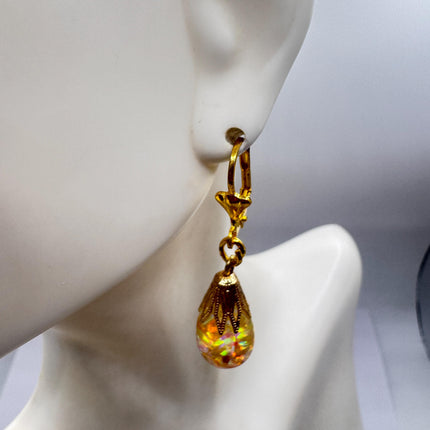 Vintage Golden Fire Floating Opal Earrings Gold Bronze Lever backs