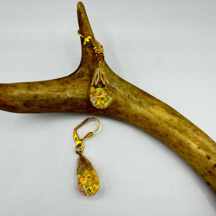 Vintage Golden Fire Floating Opal Earrings Gold Bronze Lever backs