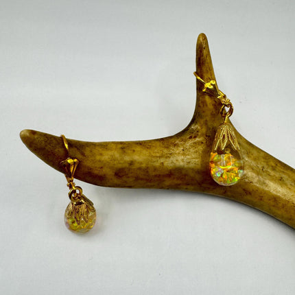 Vintage Golden Fire Floating Opal Earrings Gold Bronze Lever backs