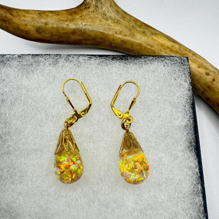 Vintage Golden Fire Floating Opal Earrings Gold Bronze Lever backs