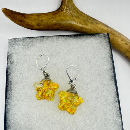 Vintage Golden Fire Floating Opal Star Earrings Gold Bronze Lever backs
