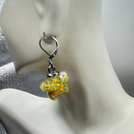 Vintage Golden Fire Floating Opal Star Earrings Gold Bronze Lever backs