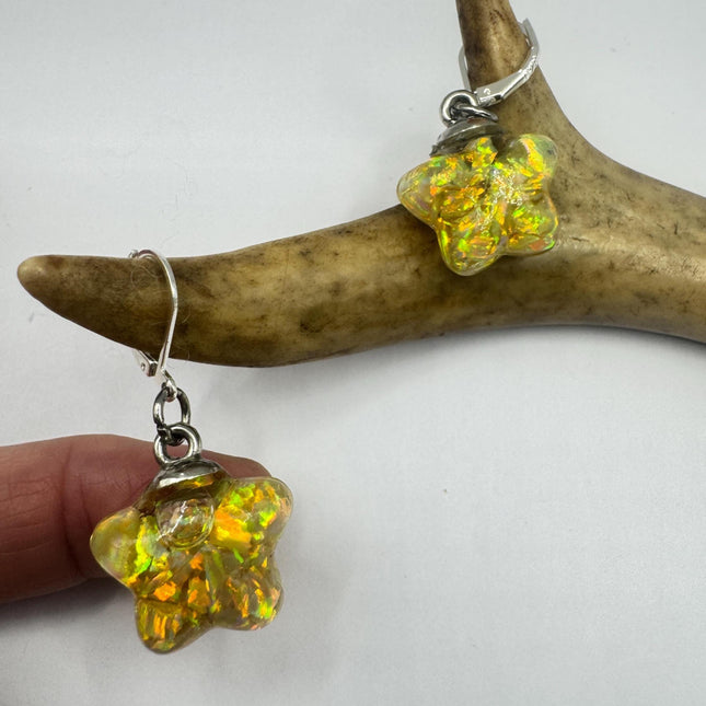 Vintage Golden Fire Floating Opal Star Earrings Gold Bronze Lever backs