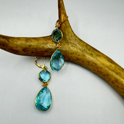 Vintage Aqua Glass Dangle Earrings Gold 925 Sterling Silver Leverbacks