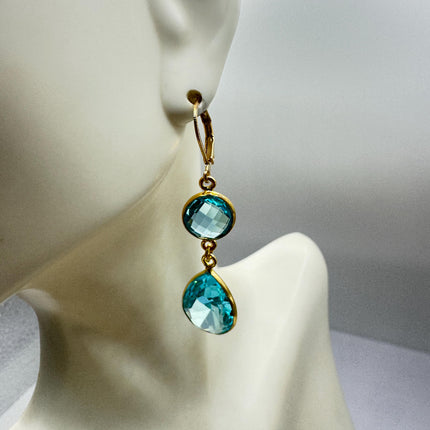 Vintage Aqua Glass Dangle Earrings Gold 925 Sterling Silver Leverbacks