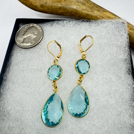 Vintage Aqua Glass Dangle Earrings Gold 925 Sterling Silver Leverbacks
