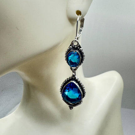 Vintage Aqua Blue Glass Silver Earrings | 925 Sterling Silver Lever Backs