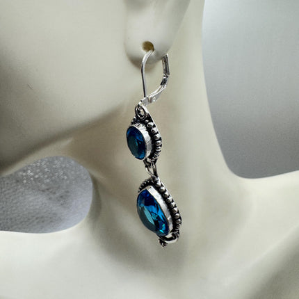 Vintage Aqua Blue Glass Silver Earrings | 925 Sterling Silver Lever Backs