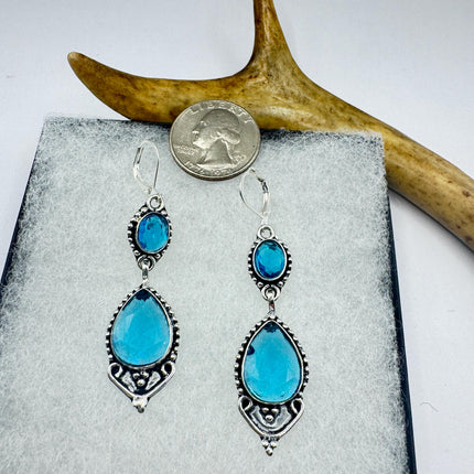 Vintage Aqua Blue Glass Silver Earrings | 925 Sterling Silver Lever Backs