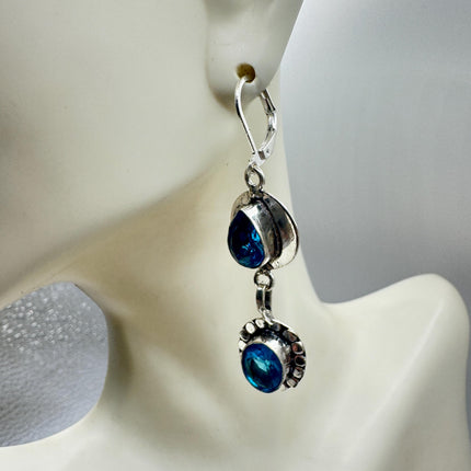 Vintage Aqua Blue Glass Silver Earrings | 925 Sterling Silver Lever Backs