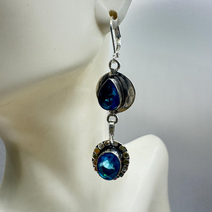 Vintage Aqua Blue Glass Silver Earrings | 925 Sterling Silver Lever Backs