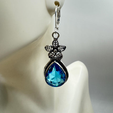 Vintage Aqua Blue Glass Silver Earrings | 925 Sterling Silver Lever Backs