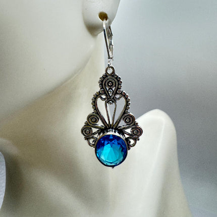 Vintage Aqua Blue Glass Silver Earrings | 925 Sterling Silver Lever Backs
