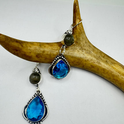 Vintage Aqua Blue Glass Labradorite Silver Earrings | 925 Sterling Silver Lever Backs