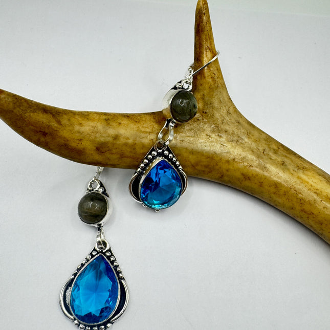 Vintage Aqua Blue Glass Labradorite Silver Earrings | 925 Sterling Silver Lever Backs