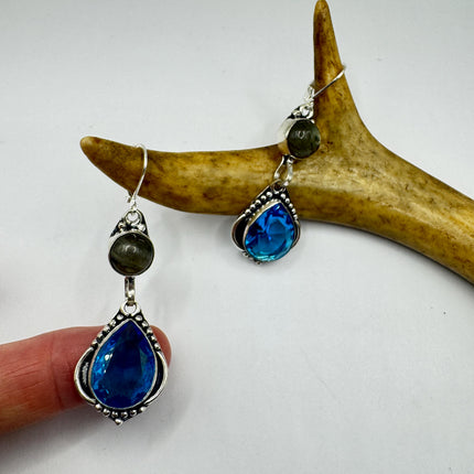Vintage Aqua Blue Glass Labradorite Silver Earrings | 925 Sterling Silver Lever Backs