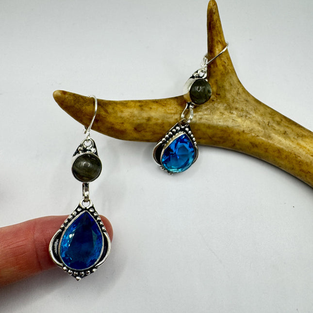 Vintage Aqua Blue Glass Labradorite Silver Earrings | 925 Sterling Silver Lever Backs