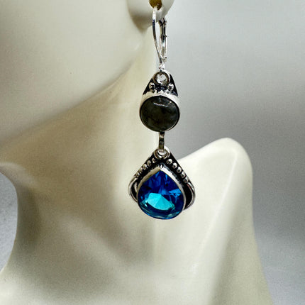 Vintage Aqua Blue Glass Labradorite Silver Earrings | 925 Sterling Silver Lever Backs