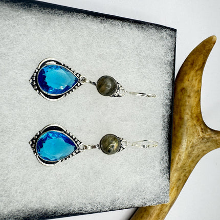 Vintage Aqua Blue Glass Labradorite Silver Earrings | 925 Sterling Silver Lever Backs