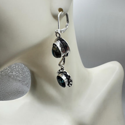 Vintage Aqua Blue Glass Labradorite Silver Earrings | 925 Sterling Silver Lever Backs