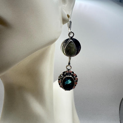 Vintage Aqua Blue Glass Labradorite Silver Earrings | 925 Sterling Silver Lever Backs