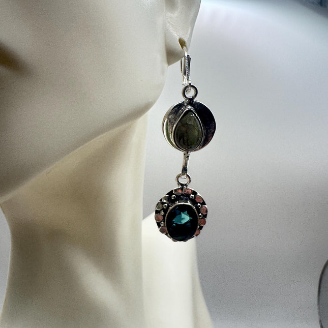 Vintage Aqua Blue Glass Labradorite Silver Earrings | 925 Sterling Silver Lever Backs