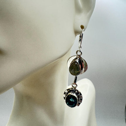 Vintage Aqua Blue Glass Labradorite Silver Earrings | 925 Sterling Silver Lever Backs