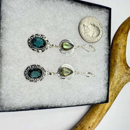 Vintage Aqua Blue Glass Labradorite Silver Earrings | 925 Sterling Silver Lever Backs