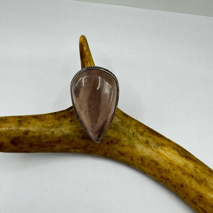 Vintage Rose Quartz Ring: Silver Bronze Boho Statement Ring