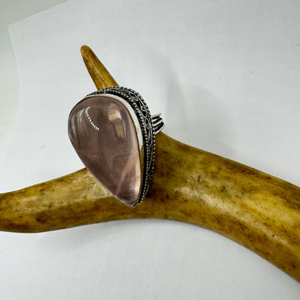 Vintage Rose Quartz Ring: Silver Bronze Boho Statement Ring