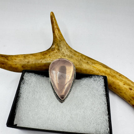 Vintage Rose Quartz Ring: Silver Bronze Boho Statement Ring