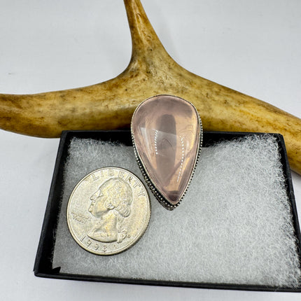Vintage Rose Quartz Ring: Silver Bronze Boho Statement Ring