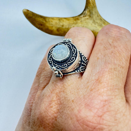 Vintage Rainbow Moonstone Poison Ring Silver Bronze