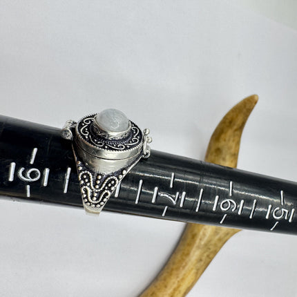 Vintage Rainbow Moonstone Poison Ring Silver Bronze