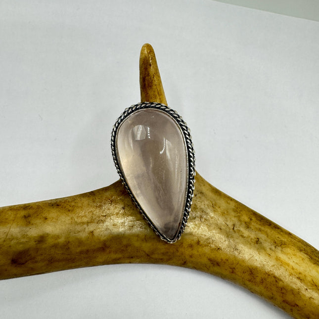 Vintage Rose Quartz Ring: Silver Bronze Boho Statement Ring