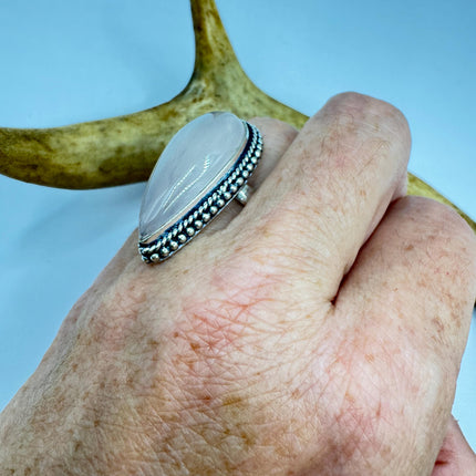 Vintage Rose Quartz Ring: Silver Bronze Boho Statement Ring