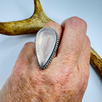 Vintage Rose Quartz Ring: Silver Bronze Boho Statement Ring
