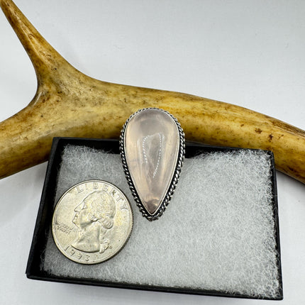 Vintage Rose Quartz Ring: Silver Bronze Boho Statement Ring