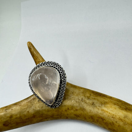 Vintage Rose Quartz Ring: Silver Bronze Boho Statement Ring