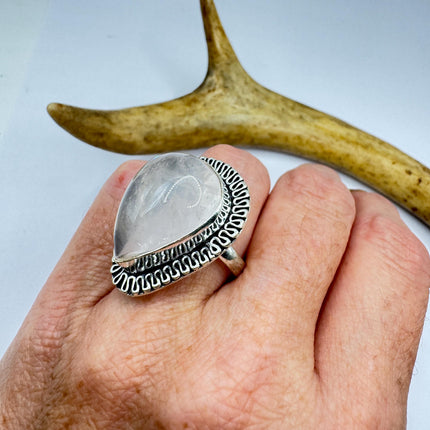 Vintage Rose Quartz Ring: Silver Bronze Boho Statement Ring
