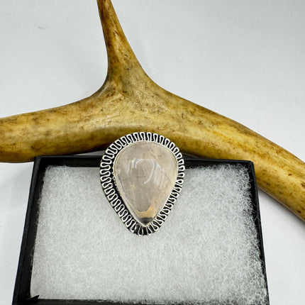 Vintage Rose Quartz Ring: Silver Bronze Boho Statement Ring